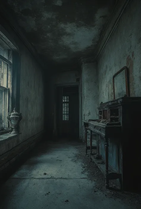 Une pièce ancienne avec des murs couverts de griffures, des meubles anciens poussiéreux et un miroir craqué au fond. L’éclairage est étrange, venant d’une source inconnue. L’atmosphère semble irréelle, avec des ombres mouvantes sur les murs.
Style : Anime...