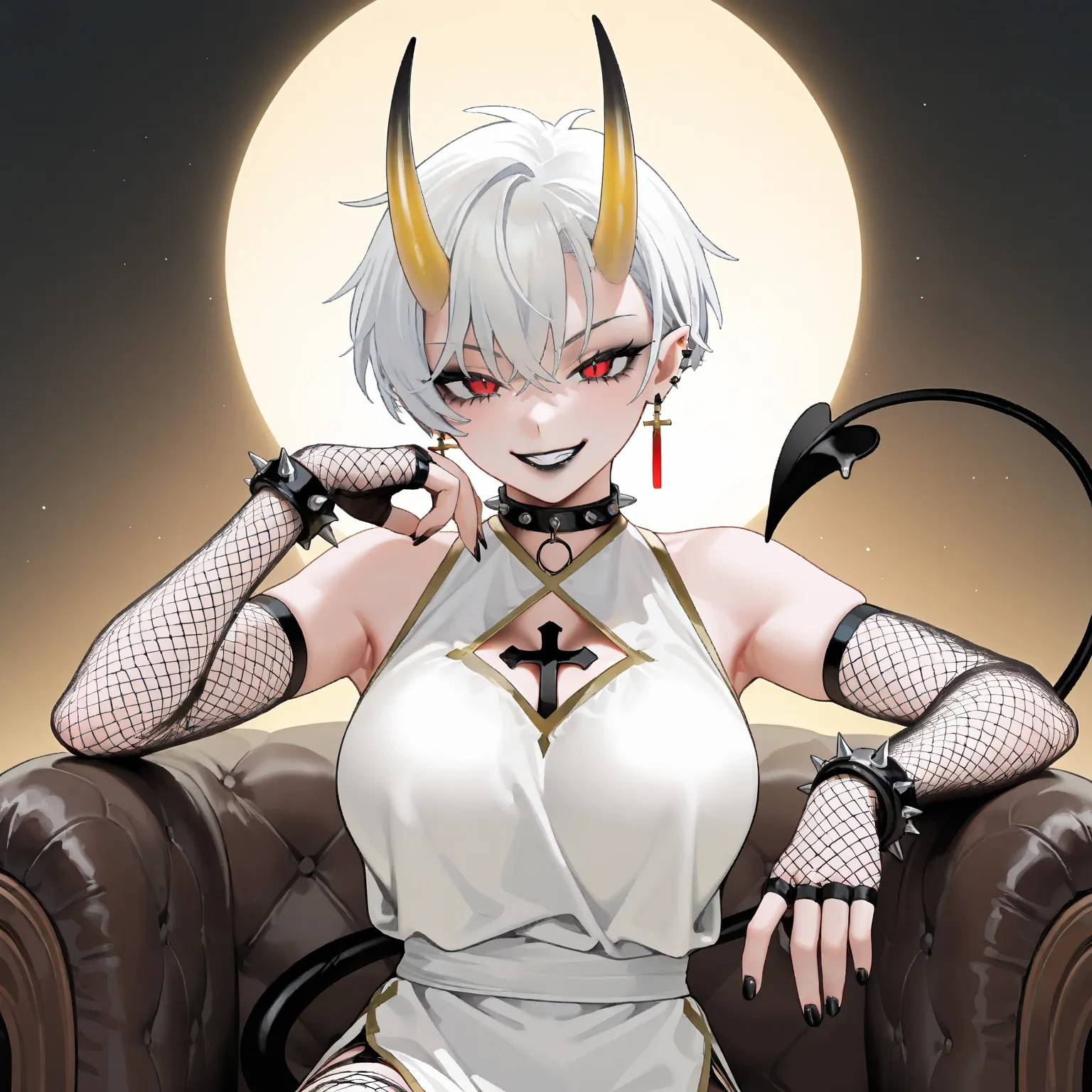 1girl, short hair, white hair, red eyes, ((white tunic with black lines and gold trim)), cross cutout in the chest, large breasts, sleeveless, forward and upwards curled yellow horns, ((black lips)), spiked bracelets, spiked choker, earrings, spiked orname...