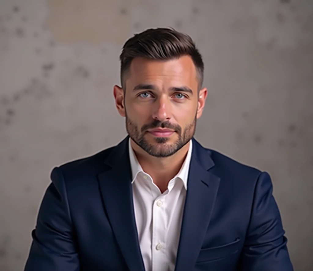 "A confident man with short brown hair, neatly groomed beard, and blue eyes, wearing a tailored navy-blue suit with a white dress shirt. He has a serious yet approachable expression, looking directly at the camera. The background is a textured, neutral-ton...