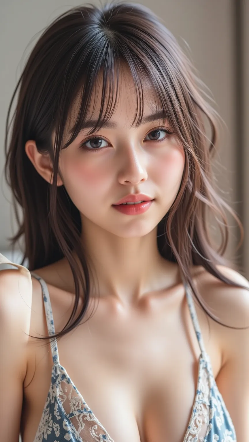  1 beautiful girl,  Extremely Beautiful Detailed Face , smiles shyly, Symmetrical black eyes),  (tiny micro bikini), (beautiful big breasts:1.3)、Hime cut hair, ( beautiful face:1.2), high quality, realistic, very detailed CG unified 8k wallpapers, very det...