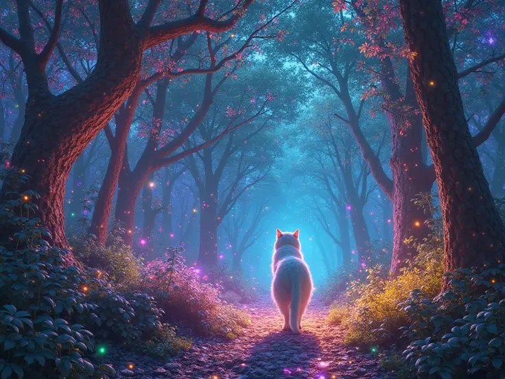 A white cat in a fantastic landscape walking at a hyper-realistic view of a forest at night, consumed by dazzling, blinding multicolored light. Every tree and leaf glows intensely with vibrant hues of blue, pink, gold, green, and violet, casting radiant re...