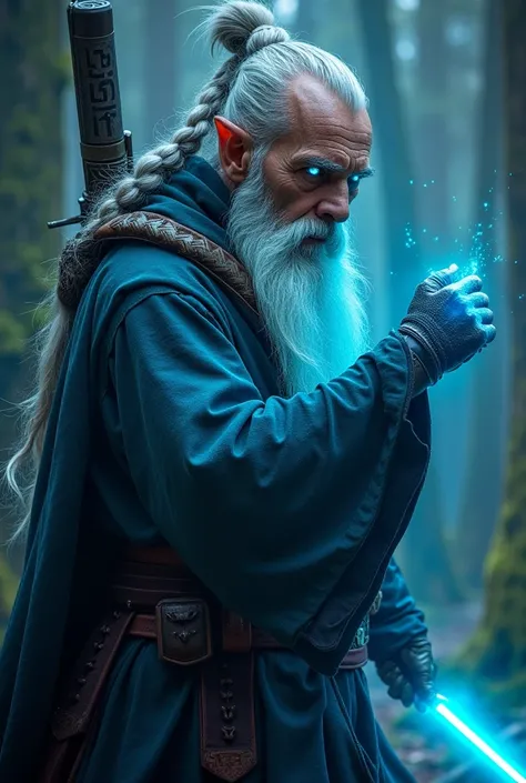 ((Masterpiece)), (highest quality), stylized closeup fantasy shot portrait, Dungeons & Dragons, clenching fist, ready to punch and swing whip, balding with long braided ponytail, long white beard, wise master, uncle iroh, master roshi, fighter, badass and ...