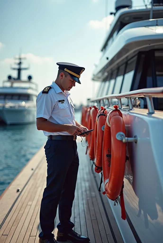 Yacht safety inspection — a man in uniform checks equipment, fire alarms or life jackets.