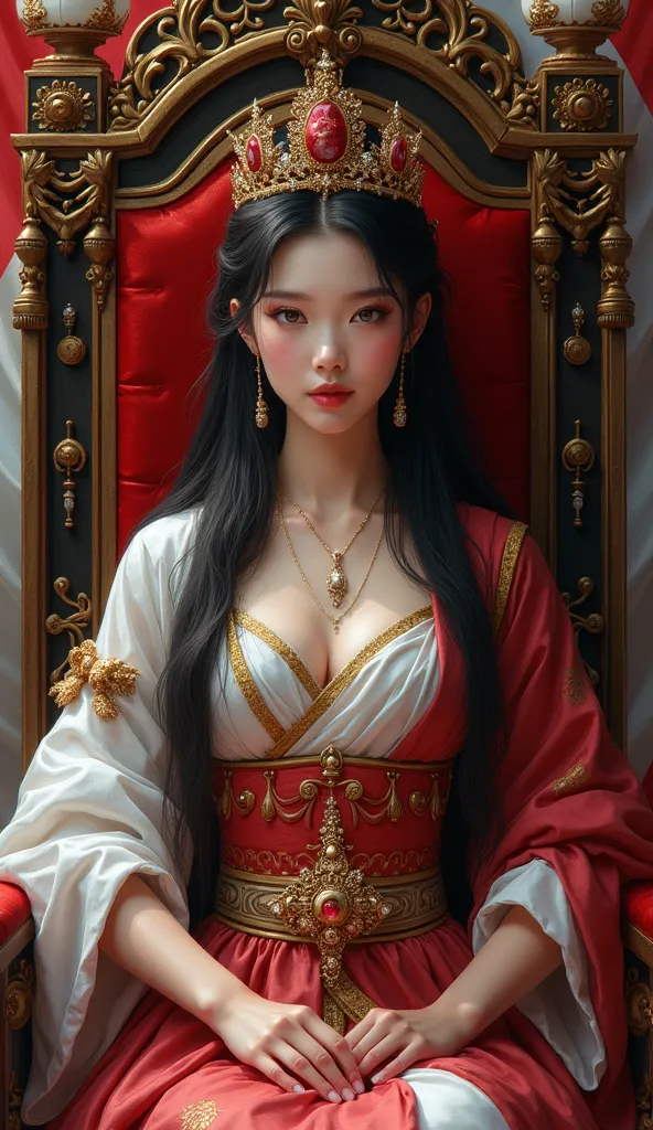 Young and beautiful Duke of Japan。Beautiful woman。whole body。Sit on a throne、Wearing the crown、Holding a scepter and a jewel。Japan flag in the background