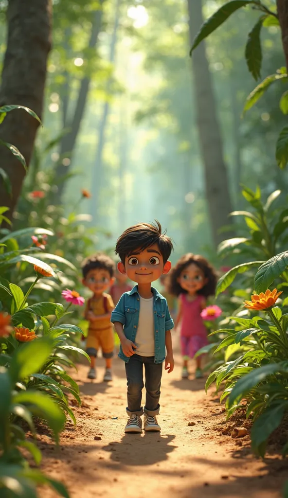 Pixar 3D animation, 4 K image, and colorful image.
Character,Arv  young boy wearing blue shirt and white T-shirt and black jeans and black and white sports shoes.
Action,Action,There is a narrow path on the hill in a jungle. Aarav and many young boys are w...