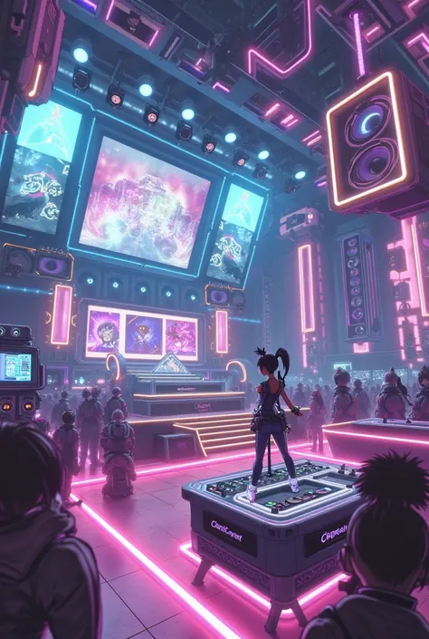 Anime style
Stage Name: Rhythmic Nightclub
Description:
Rhythmic Nightclub is a vibrant, energetic place where music and battle meet in perfect harmony. The stage is set in a futuristic nightclub, complete with neon lights, giant screens, and a dance floor...