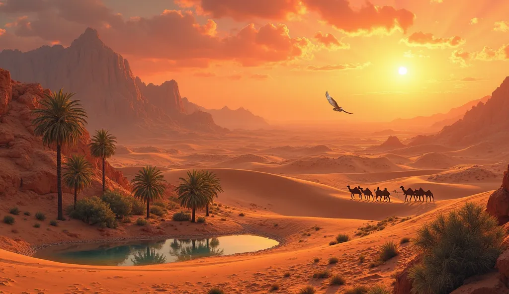 "A vast and dramatic desert landscape under a sky infinity, with golden dunes and undulating that extend to the horizon, illuminated by the warm light of the evening. the sun, large and reddish, sinks into the horizon, creating elongated shadows and highli...