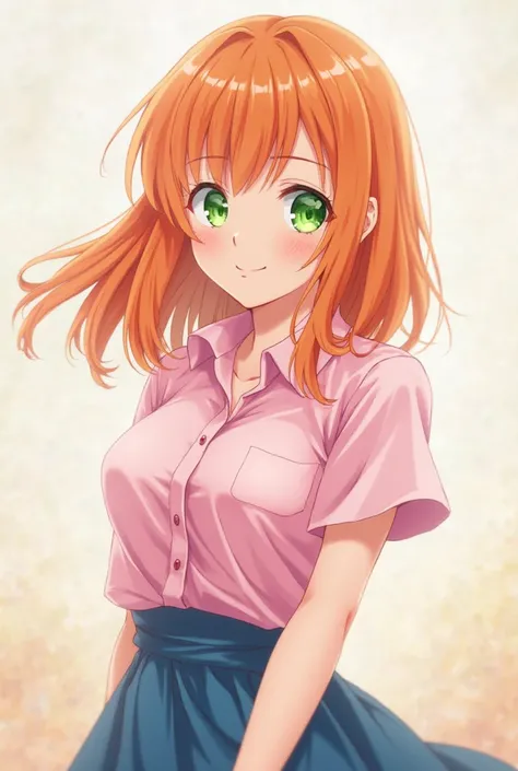 An anime girl with long orange hair with green eyes, pink shirt and blue skirt.
