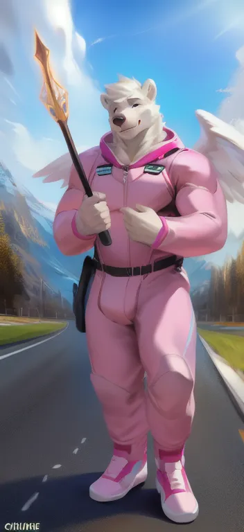  alone, male Tall​,huge​ body​, stand,Holding the magic staff of an angel.,angel Two wings long, road,pig polar bear​ ​,  pink military spacesuit,  heavy overload,  muscle bundle, Sexual​ Emotions​ happy​,by chunie ​