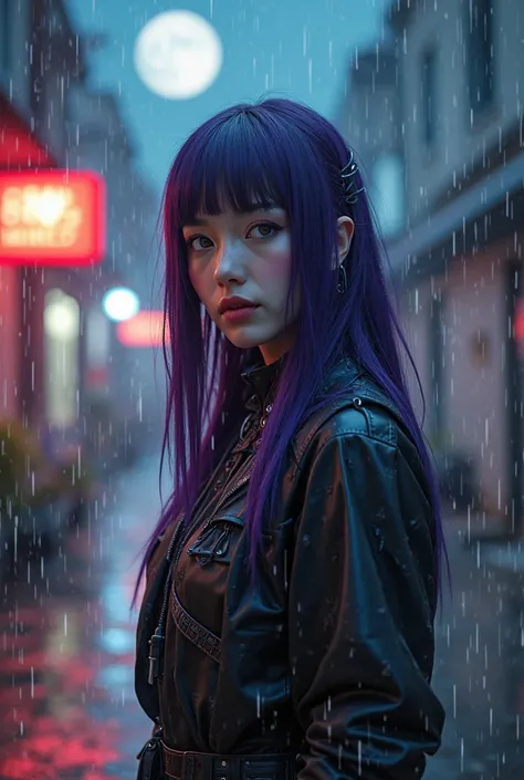 Cyber punk image style, fantastic, eccentric,  Realistic, background colorimetry, cool tones modern setting,  Facial Features , cold fair skin color, round almond-shaped eyes capped, nose a little big,  thick eyebrows, medium elongated lips,  No smile,  Ro...