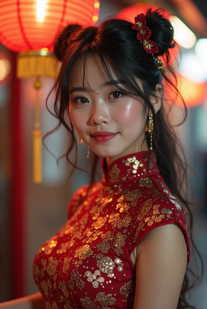 (highest quality,masterpiece:1.3,ultra high resolution),(Super detailed、caustics) (Photoreal:1.4, RAW shooting、)ultra-realistic capture、very detailed、natural skin texture、masterpiece、(Embroidered sequined cheongsam:1.3)、Wine red Chinese dress、1 Japanese gi...