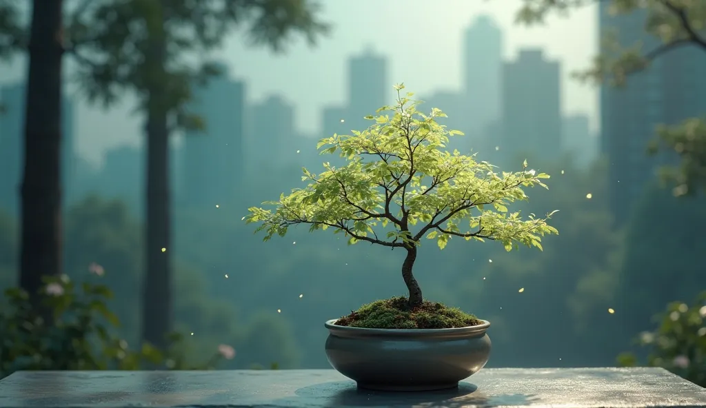 4k quality,A small bonsai plant, centered in the image, is displayed in a muted gray-brown pot. The plant features delicate, light-green leaves with a subtle, almost luminous quality, arranged in a feathery pattern.  The leaves appear highlighted by a soft...