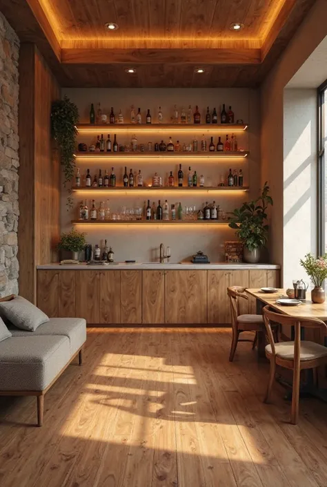 Create a subtle bar wall decor, room with wooden floor 