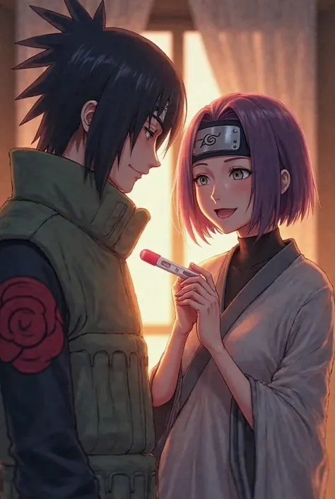 Kakashi happily looking at Konan HOLDING her hand, Konan from Akatsuki with SHORT PURPLE HAIR HOLDING a positive pregnancy test she wears Akatsuki's robe and headband he wears masks