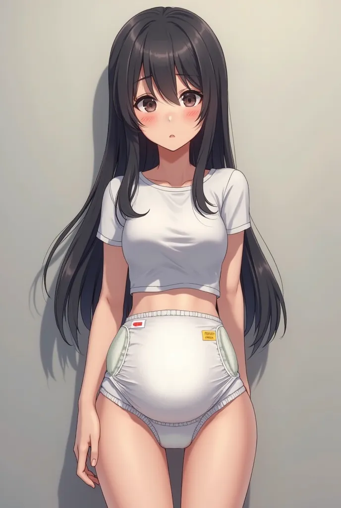 Adult, anime girl, big pee diaper, realistic diaper, crop top T-shirt, embarrassed, standing, long hair, black hair