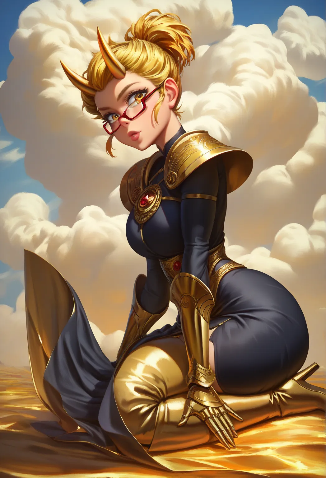 score_9, score_8_up, score_7_up, BREAK, detailed drawing, 1girl, solo, breast, large breasts, wide hips, voluptuous, big ass, masterpiece, extremely sexy,

beautiful goddess, yellow short wavy hair hair w/ short ponytail, blonde, yellow eyes, smooth & clea...