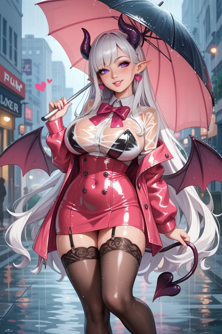  1 Girl,  high resolution ,  Very long hair,  white hair,  very big breasts, Earrings,  purple eyes , seductive smile   ,  heart in eye , Shiny Skin , demon horns , Demon tail  , Demon wings ,  pink hearts in the background , glossy skin , long, pointed ea...