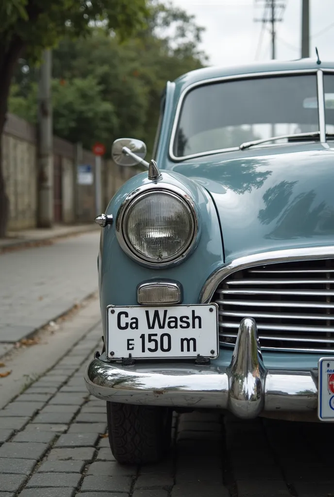 A sign positioned next to a car, tilted slightly so that the driver can easily read it, but still visible to someone looking from the front.  The view is in the first person , as if I were seeing the front of the car and the license plate next to it, but n...