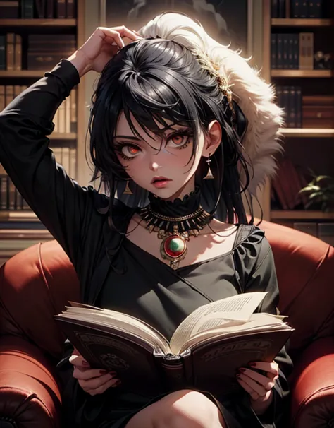 Score_9, Score_8, Score_7, woman with long black hair, bows in her hair, diamond necklace and earrings, shiny diamond dress, reading a book sitting on a sofa chair, many books around, a cloud coming out of her head where the figure of a monster is found da...