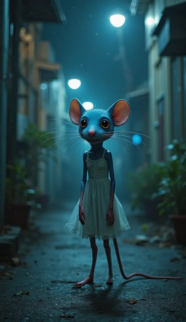  Fantastic　 realistic footage　night　 Office Street Back Alley　A light blue mouse with a white dress and a scary, wide-eyed face　The height is slender and very tall