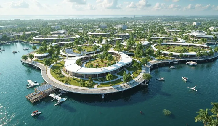 A sustainbility floating futuristic shape town on water, there are peoples raise animal in hygine farms with thair own fence each covering, there are vegetables an fruits gardens in glass house besides, and futurist designed house covered with solar panels...