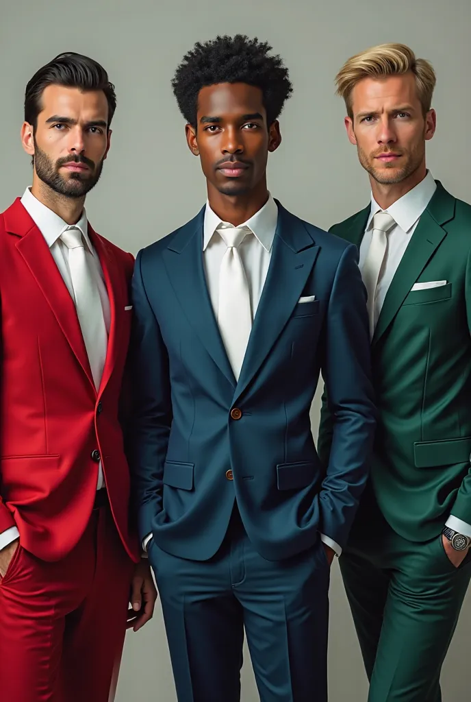 A black-haired white man wearing a red suit and white tie, a black man with frizzy hair wearing a blue suit and white tie and a white man with blond hair wearing a green suit and white tie