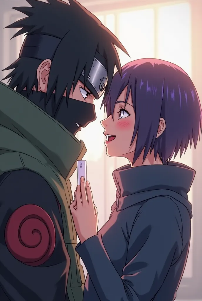 Kakashi Hatake happily looking at Konan HOLDING her hand, Konan from Akatsuki with SHORT PURPLE HAIR HOLDING a positive pregnancy test she wears the Akatsuki robe and headband he wears masks AND