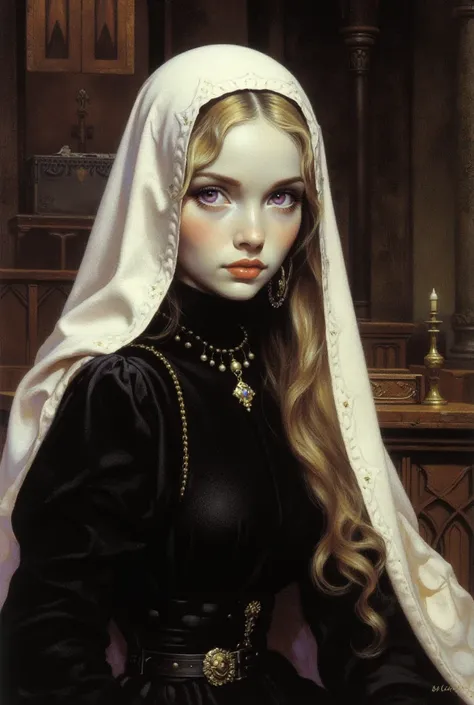 Young woman with dark  purple eyes and long blond hair,  purple eyes, delicate face, very white  pale skin,  pale skin, 80's corporate clothing,  in the style of Frank Frazetta , church background,  Frank frazetta ART style , Realistic, delicate face, blac...