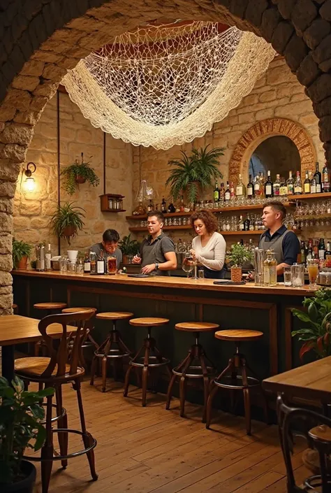 Create a bar with a crochet net on the ceiling, wooden stools, wooden floor and stone wall 