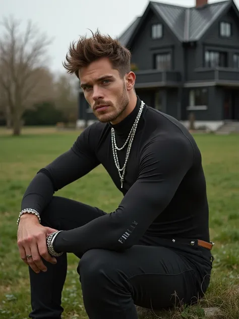 (photorealism:1.2) Ultra-realism describes the 
young man dressed in black wearing a compression shirt with muscular not so exaggerated brown hair, white leather Jewelry, messy hair, Without a beard Looking at the spectator, 
Sitting on the grass next to a...