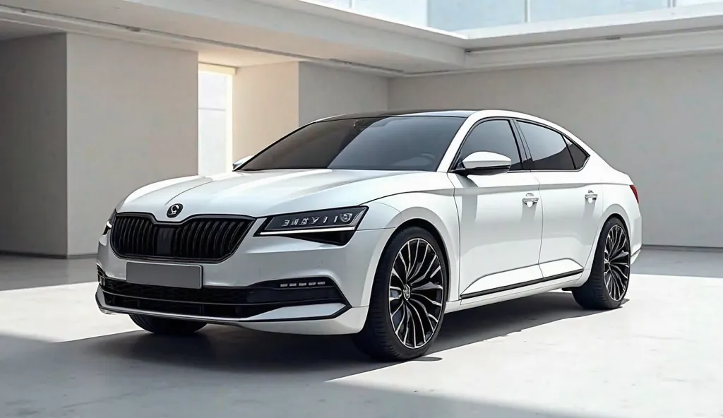 Skoda superb 2025 front side white color at showroom view