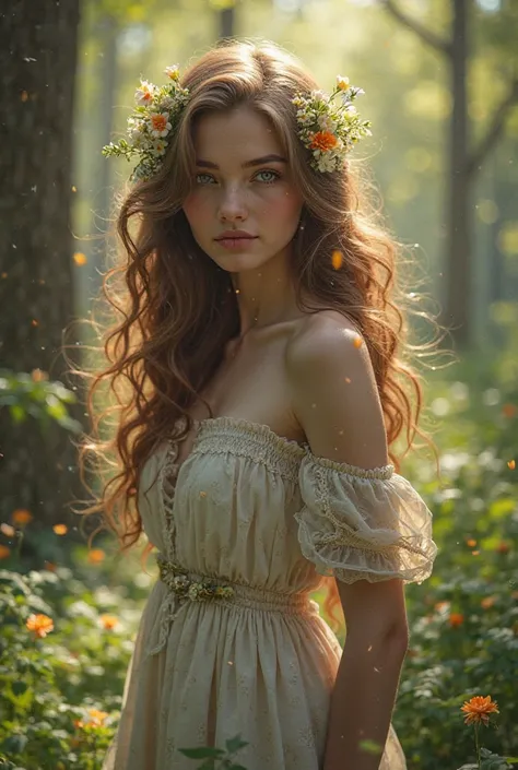 Make me a super realistic girl,  of Russian appearance, slender. The girl is standing in a forest grove, the girl's brown hair is developing in the wind, there are flowers in the girl's hair. the girl is turned to face the camera 