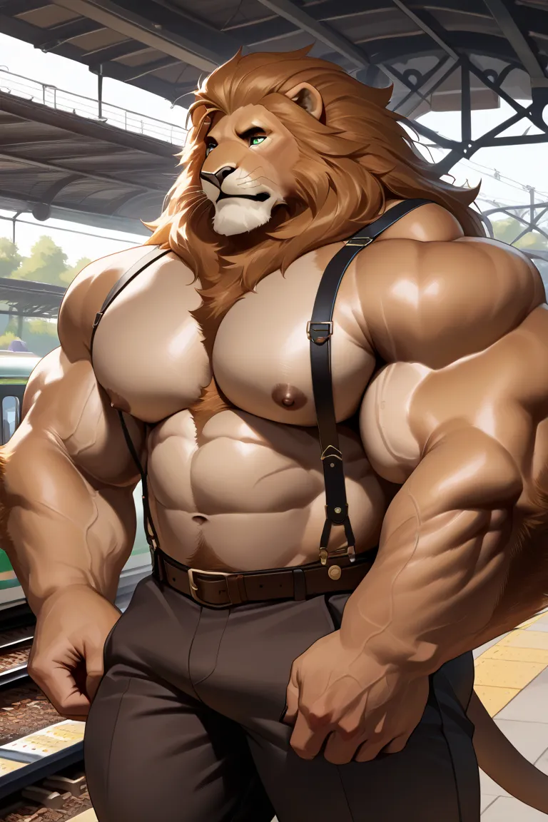 solo, huge muscular furry lion, pants, suspender, train, train station, steampunk, nipples, detailed, shirtless, wide shoulder, large pectoral, huge pectoral, thick arms, masterpiece, semirealistic:1.2, high detailed, 8k, high resolution