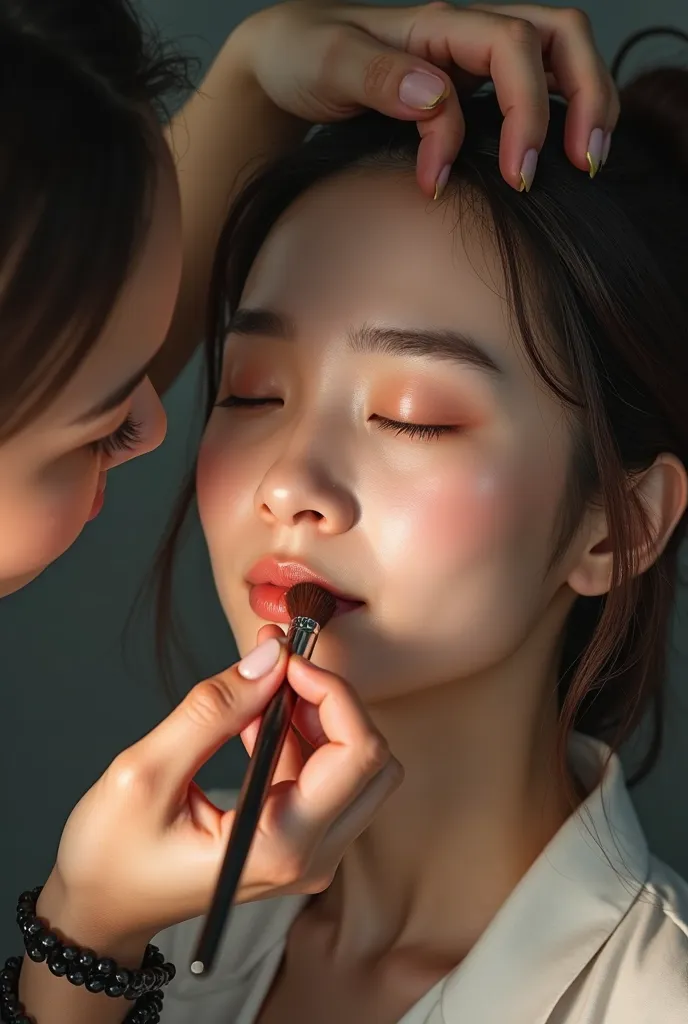 very super realistic style, an asian unattractive female, somebody do the makeup with 1 hand for her while her eyes are closed, and her enjoy getting makeup.