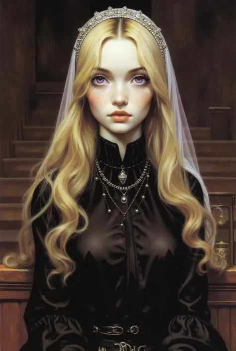 Young woman with dark  purple eyes and long blond hair,  purple eyes, delicate face, very white  pale skin,  pale skin, 80's corporate clothing,  in the style of Frank Frazetta , church background,  Frank frazetta ART style , Realistic, delicate face, blac...