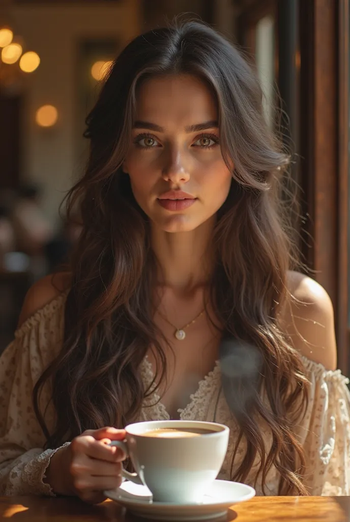 photo of God Almighty's Sacred Golden Daughter, a beautiful long-haired brunette lady with sparkling hazel brown eyes and a mole in the middle of her eyebrows on her forehead, resembling the attached photo, sipping coffee at 7THEAVEN BOOK CAFE, in an ether...