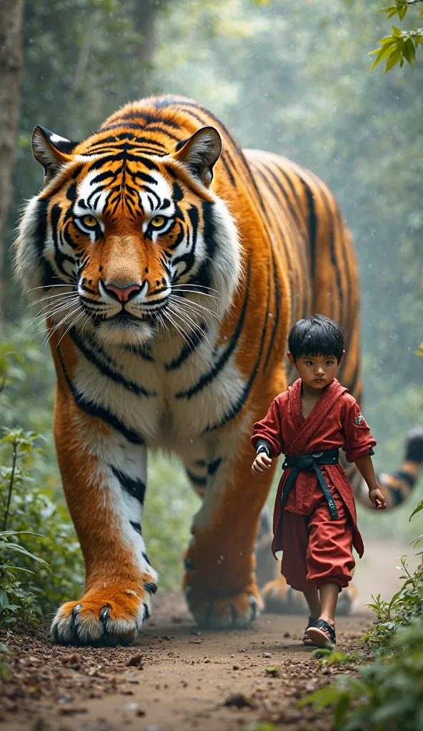 A super huge tiger walking with a young martial artist with very considerable physical power 