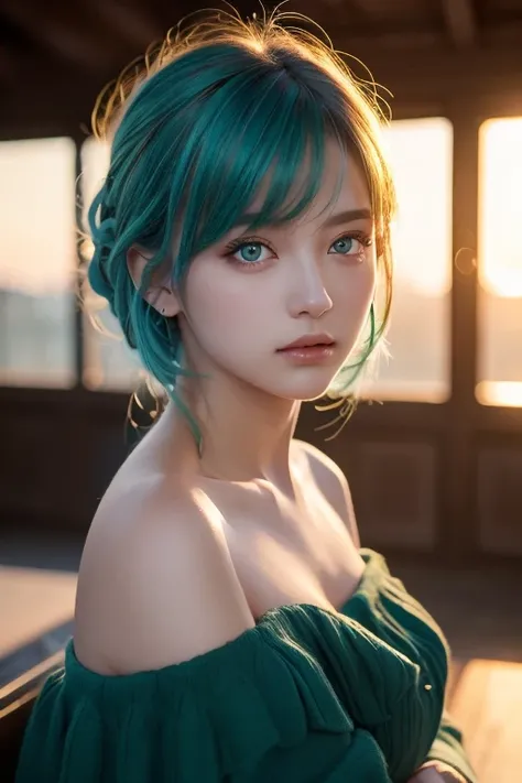  best quality , Masterpiece,  super high resolution, ( realism: 1.4),   Original Pictures ,  1 girl,  green eyes,  off shoulder,  Cinematic Lighting,   blue hair , At sunset