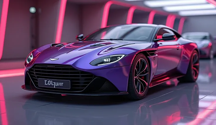   Create straight  left view of a modern    2026 Aston Martin Valhalla in  Storm Purple   color in Lexury Bright showroom background captured from straight  left  view in sports look and overall 3d render and reflecting lights on car body and write martin ...