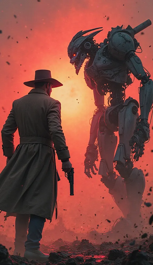 A high-stakes standoff between a rugged gunman warrior and a towering machine warrior, both locked in an intense face-to-face duel. The gunman, clad in a long trench coat and weathered cowboy hat, grips his revolver with steady hands, his sharp eyes scanni...