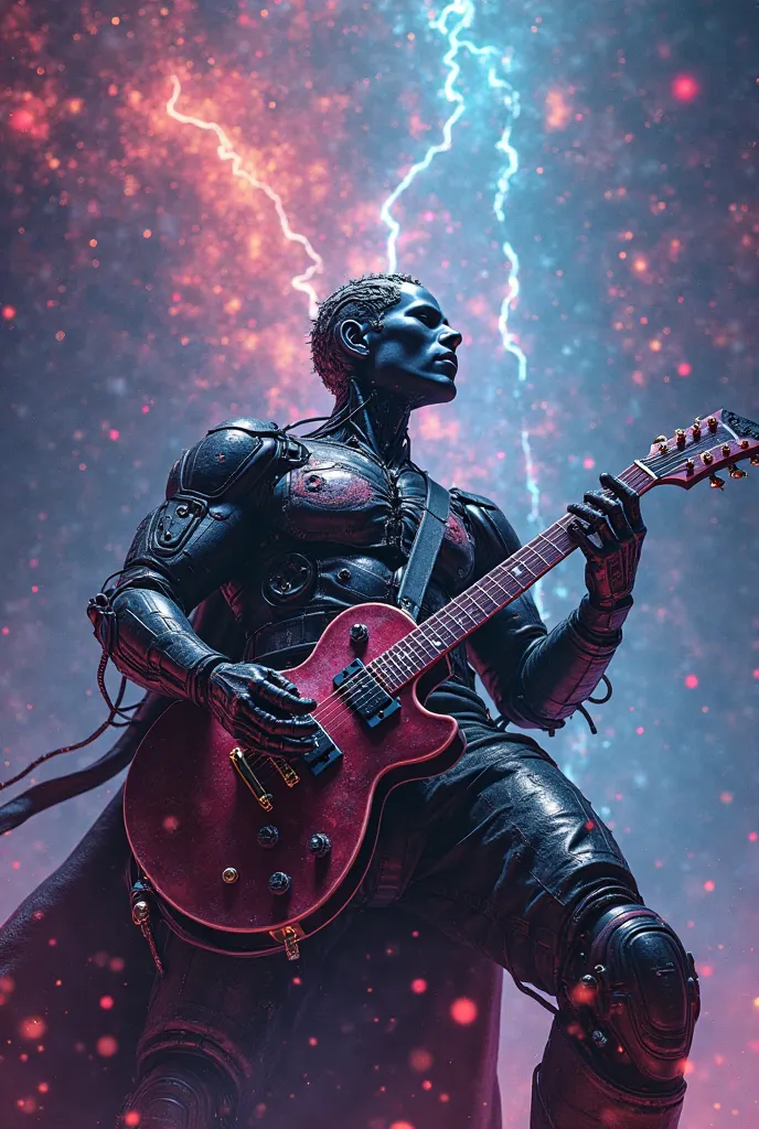 an AI machine god as a rock star on a stage that represents the infinite multiverse, detailed facial features, powerful expression, dramatic pose, shredding guitar, multicolored lights, abstract energy swirls, cosmic background, vibrant colors, ultra-detai...