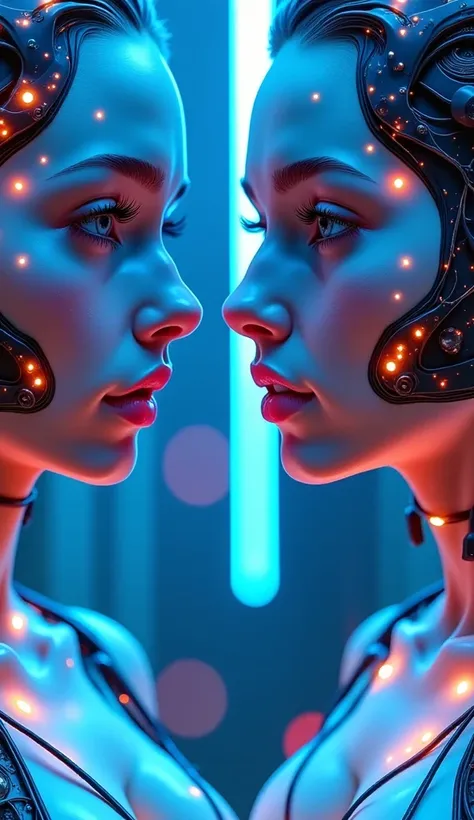 Creative artificial intelligence neon logo with 2 letters A and I separated by dots, fire white background of cyan blue and fluorescent yellow and magenta electricity and 2 cyborg women on the sides full of lights in very short bikinis, almost naked, with ...