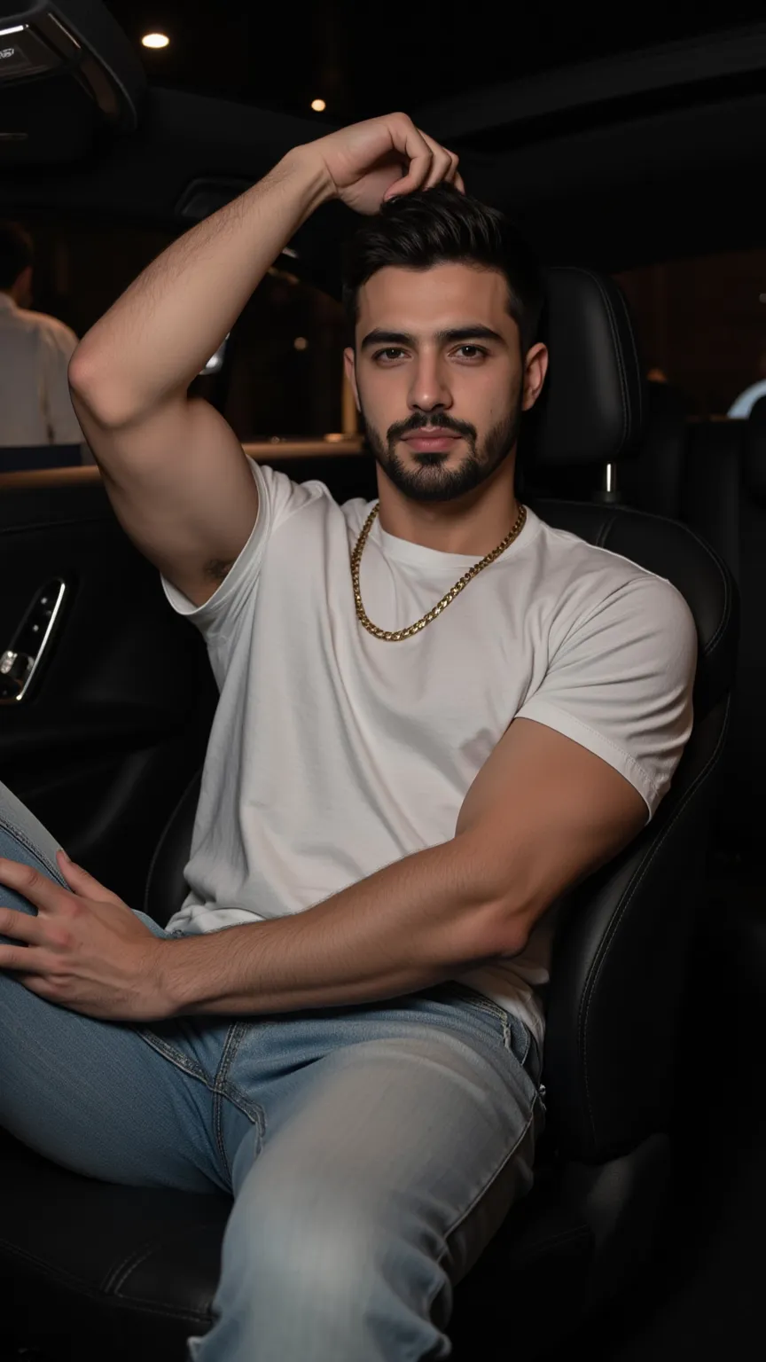 a handsome young turkish guy with muscle, dark very short hair fade and goatee beard  he wearing a white tshirt and a loose light jeans  and a thin gold chain he is in a mercedes s coupe in black amateur photo random picture its night and location is germa...