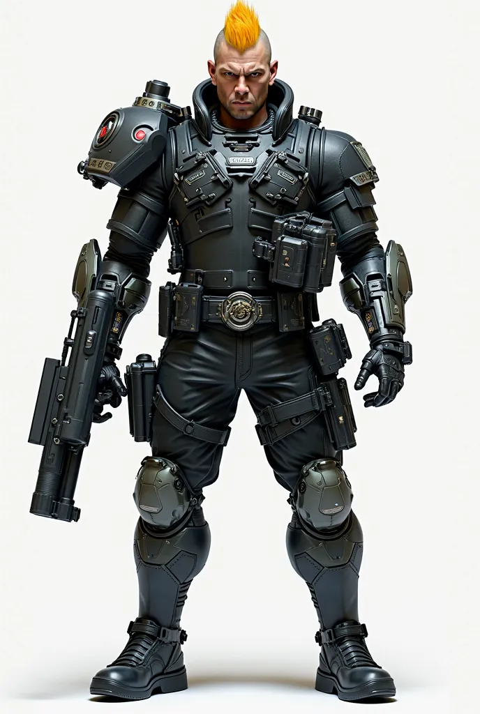 A realistic game character, male 30 years, south east Asian face, human and cyborg hybrid, undercut blond hair, big jaw, angry face, two artificial arms hybrid of weapon, wearing belt gear police, artificial legs. Background is white.
