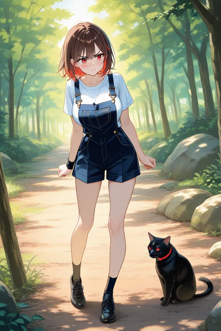 School girl, , short brown hair, orange-red eyes, big breasts, standing, full body image. Tsundere vibe on face, black band on her left wrist. 