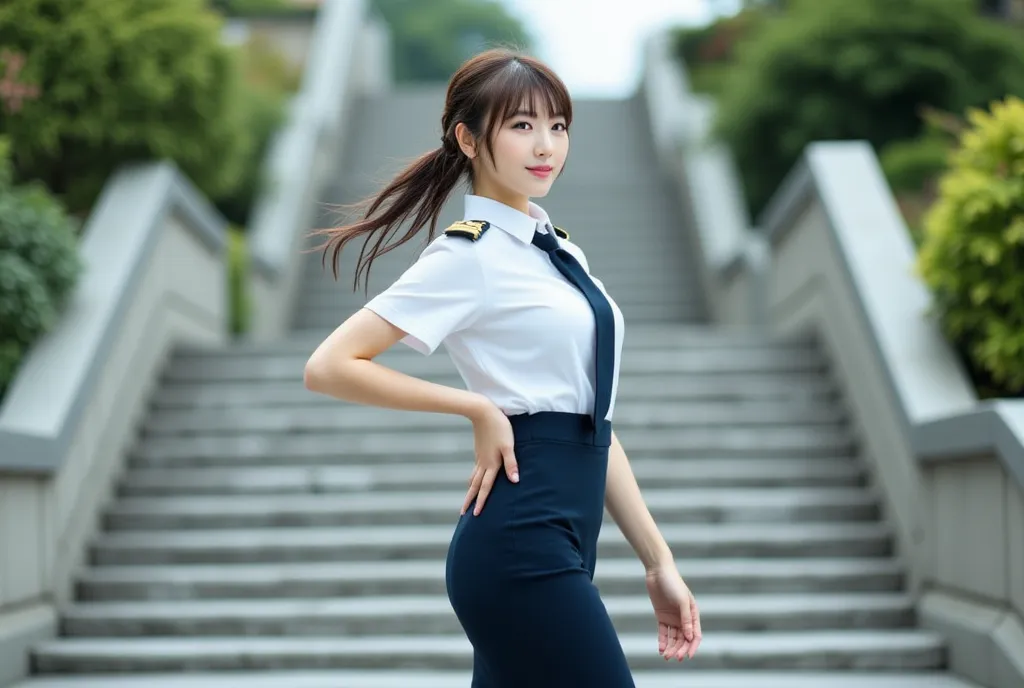 Sexy beautiful Japanese woman, a self defense officer uniform, wearing a white short-sleeved shirts, navy blue tie, navy blue pencil skirt, Black patent high heels, beautiful hip-line, Beautiful thighs, brown hair, bangs, floating hair, low ponytail, Slant...