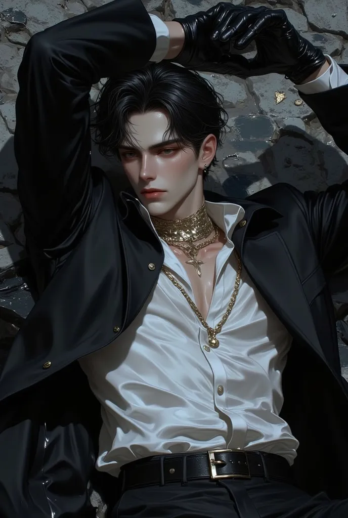  impasto , cool manga style, high quality, very detailed, Extremely fine lines,  amazing color , masterpiece, 1 person, is tall, Muscular,  handsome,   black hair,  sharp eyes, Lower three white eyes,  slightly open lips,  handsome,  fashionable clothes , ...