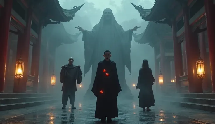 

"A ancient Chinese temple at midnight, shrouded in mist. In the center, a young monk in a black robe with glowing red patterns stands frozen in shock, his eyes wide with fear. Before him, a mysterious woman in a dark robe holds out another robe, her face...