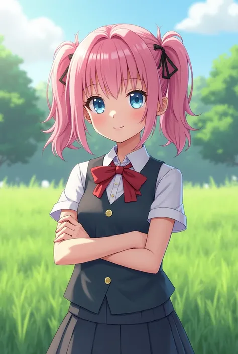  anime characters, Ambient Light Blocking Rendering Inspired by Kamisaka Sekka standing in front of a green field in a school uniform, Trending,  purism ,  Final Fantasy 14 style ,   with pink double tail hair and blue eyes  , Anime style 3d, Perfect girl,...