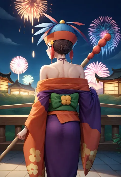 score_9, score_8_arriba, score_7_arriba, score_6_arriba, BREAK from behind ,kimono,bare shoulders,bare shoulder,cielo nocturno, fireworks ,Looking at the spectator,Remember,  colored skin ,  blush stickers, buffoon hat  